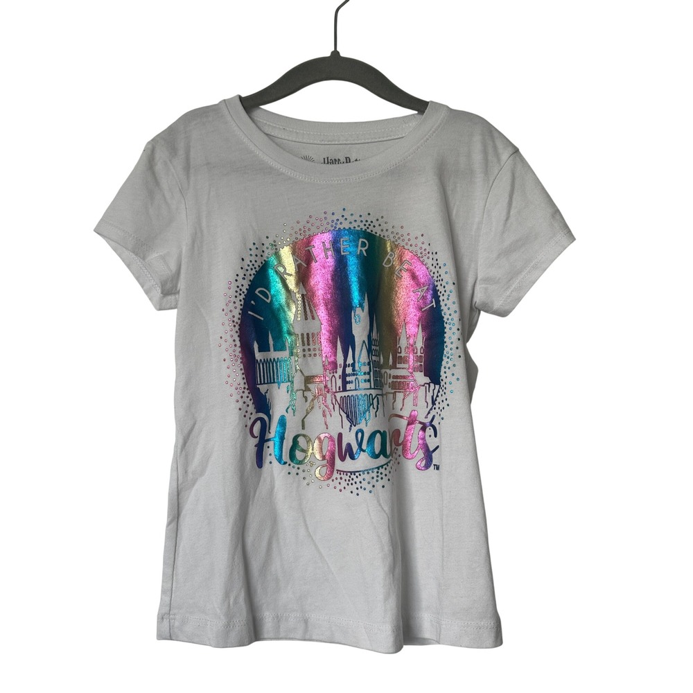 Harry Potter Girls White Rainbow Foil Hogwarts Castle Graphic T-Shirt Size 6-6X